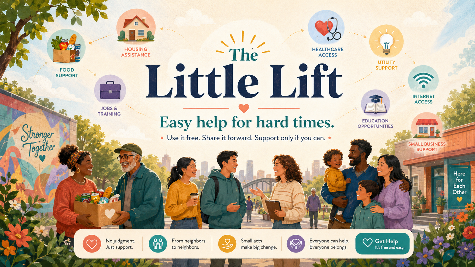 Warm community illustration for The Little Lift